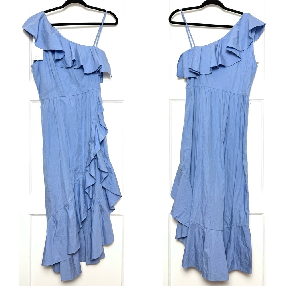 NWT SANDRO Cotton Poplin Sleeveless One Shoulder Ruffle Trim Faux Wrap Dress L - Picture 5 of 9